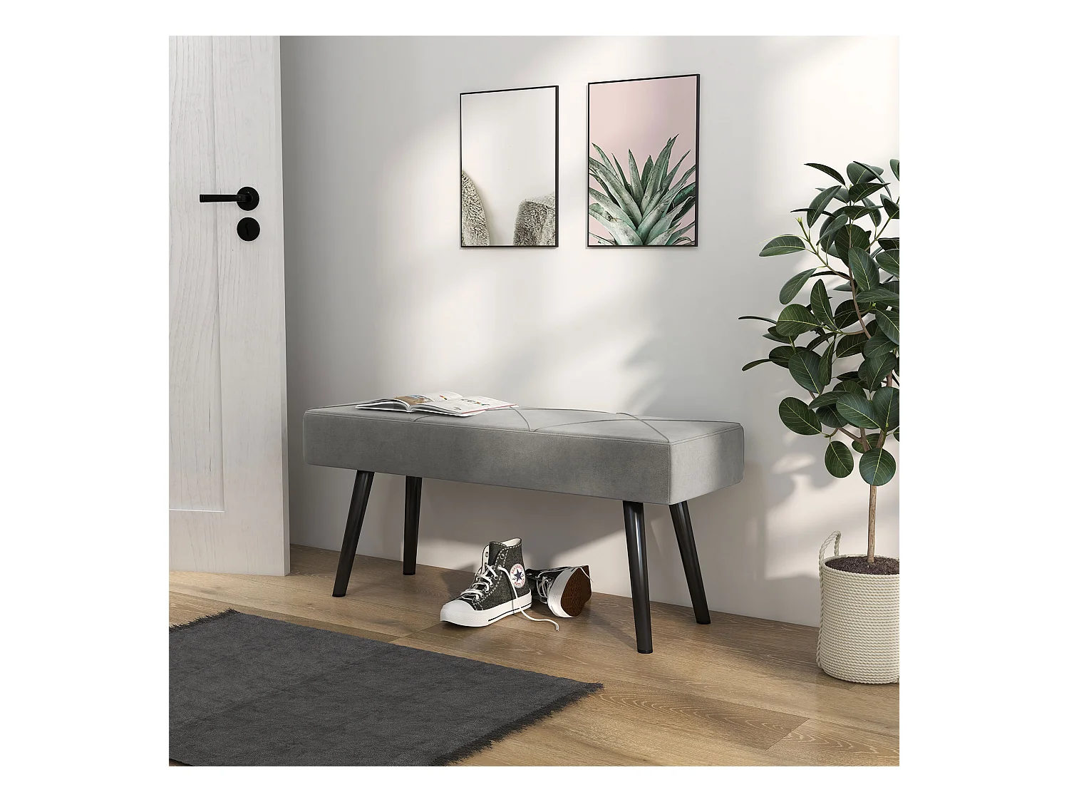 Banco tapizado,aspecto de terciopelo,banco,banco de cama,banco de pasillo,patrón en X Hasta 120 kg,gris,100 x 36 x 45 cm