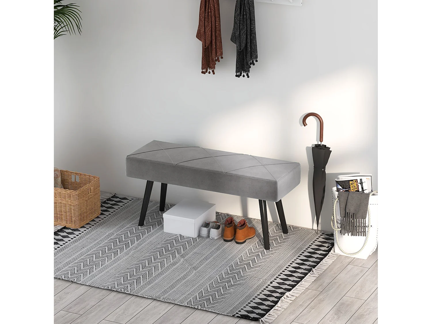 Gestoffeerde bank,fluwelen look,bank,bedbank,halbank,X-patroon,tot 120 kg,grijs,100 x 36 x 45 cm