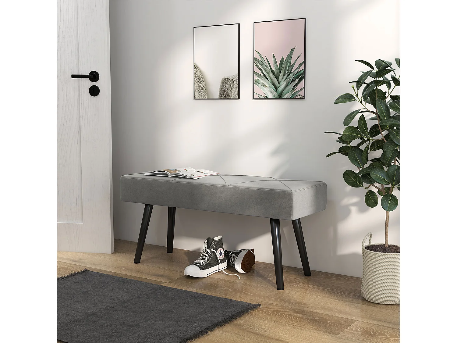 Gestoffeerde bank,fluwelen look,bank,bedbank,halbank,X-patroon,tot 120 kg,grijs,100 x 36 x 45 cm