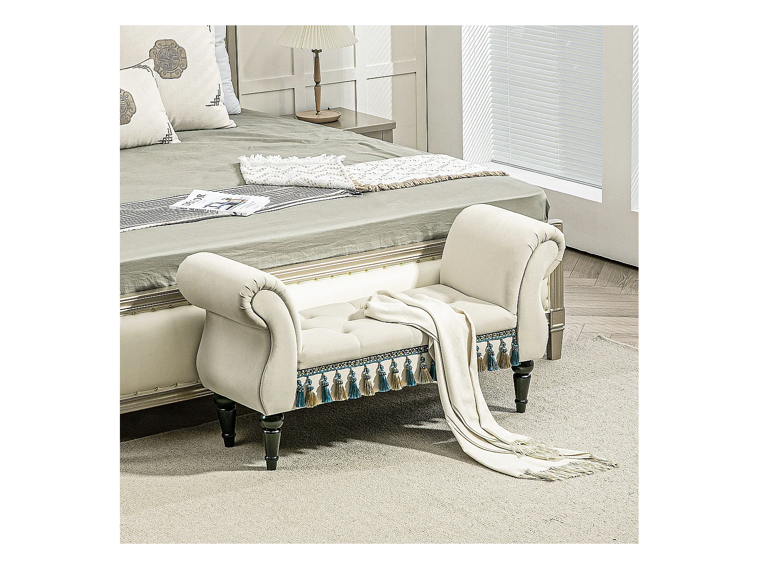 Banc de chambre rembourré avec accoudoirs,design vintage aspect velours,117x40x58cm,beige