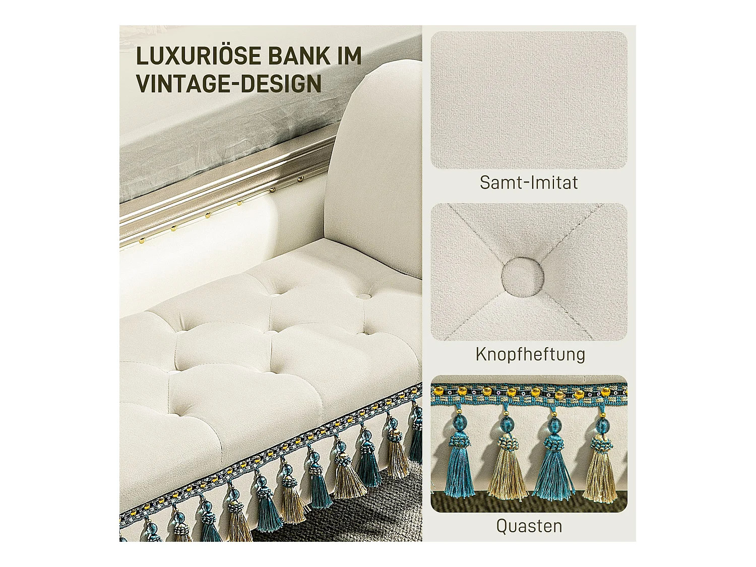 Banc de chambre rembourré avec accoudoirs,design vintage aspect velours,117x40x58cm,beige