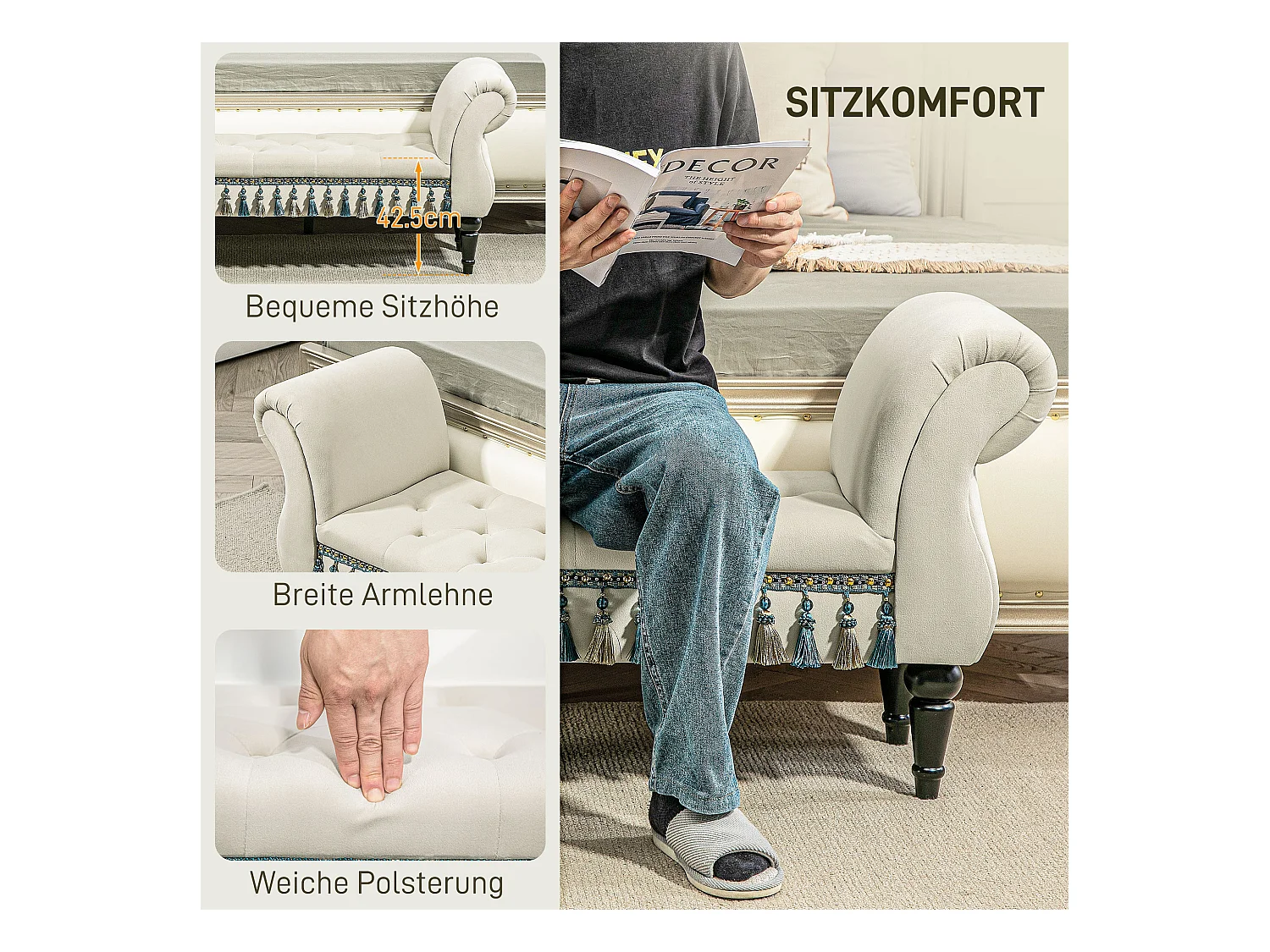 Polsterbank Schlafzimmer mit Armlehne, Vintage-Design in Samtoptik, Holzbeine