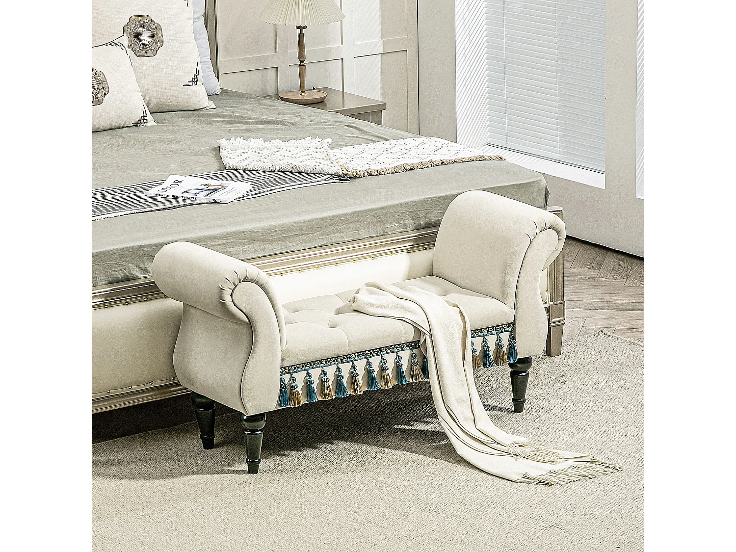 Banc de chambre rembourré avec accoudoirs,design vintage aspect velours,117x40x58cm,beige