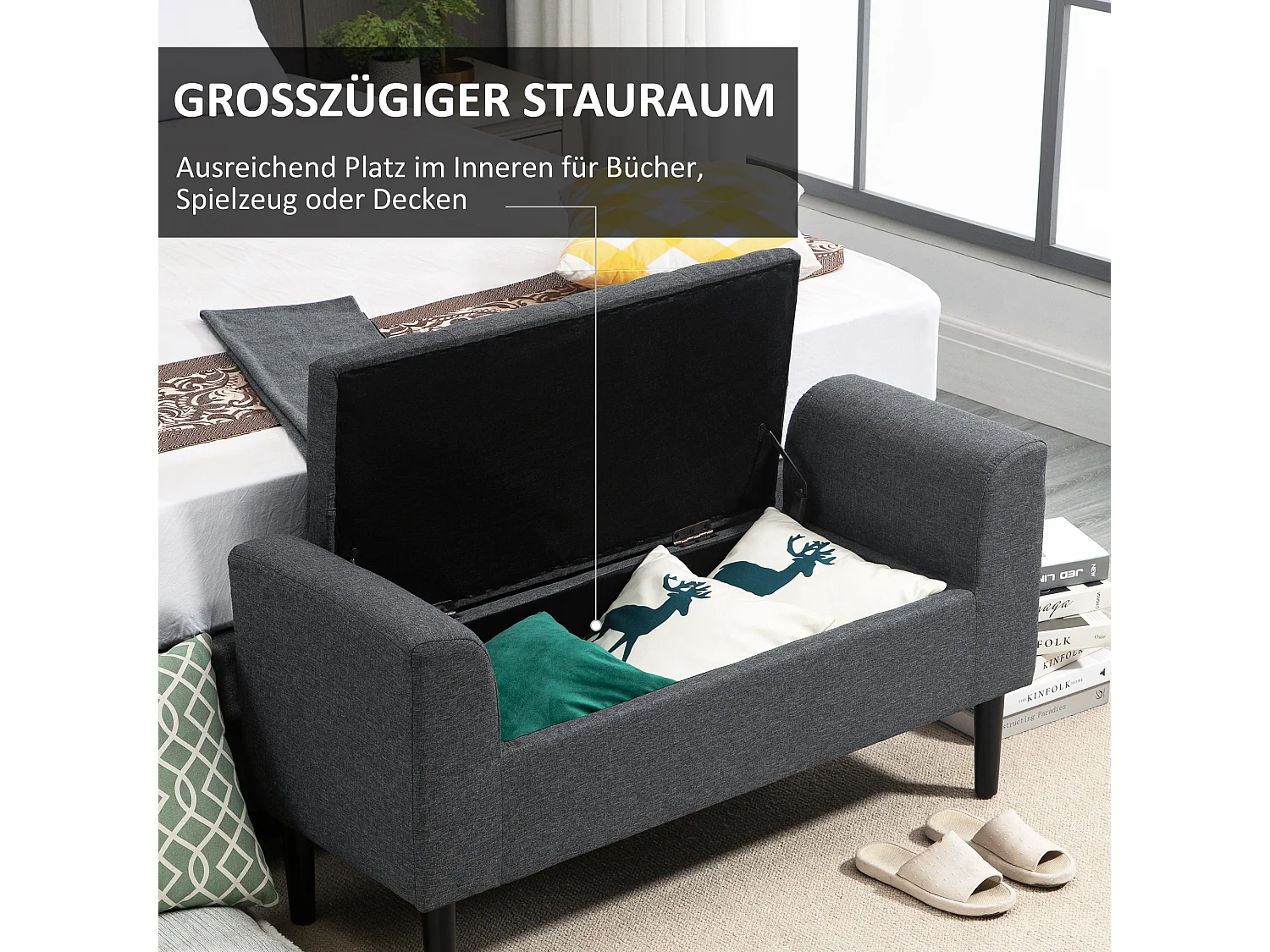 Bank met opbergruimte,gestoffeerde bank,kruk,kist,linnenlook,donkergrijs