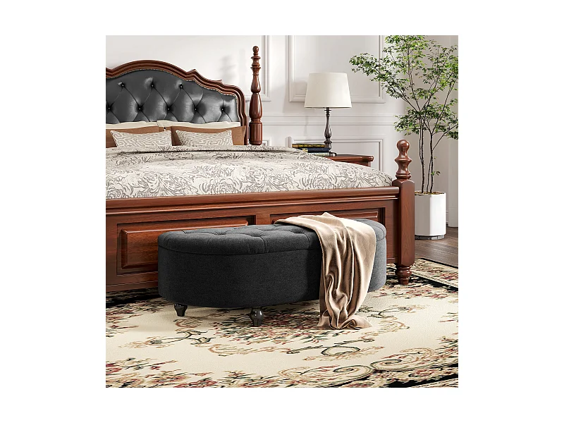 Sitzbank mit Stauraum und offenem Deckel, Polsterbank aus Velvet-Touch, Gummiholz