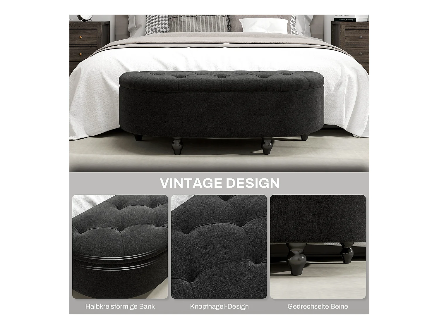 Banc avec rangement et couvercle ouvert,banc rembourré en velours,gris foncé,120x46x42cm