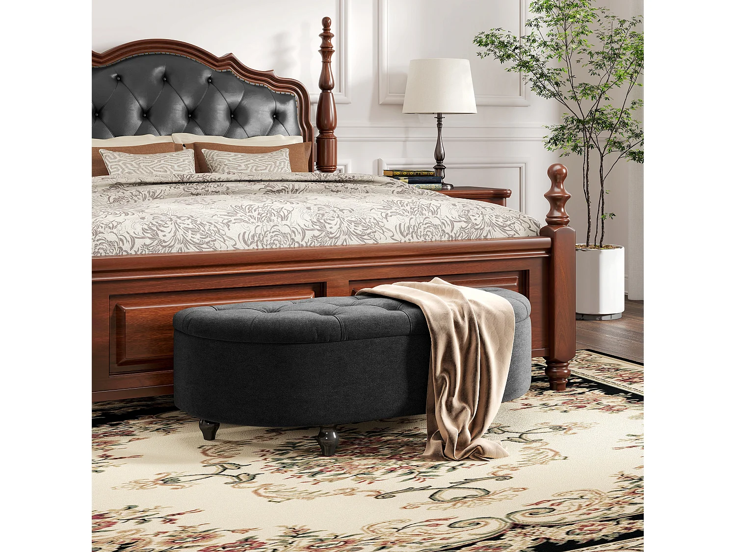 Banc avec rangement et couvercle ouvert,banc rembourré en velours,gris foncé,120x46x42cm