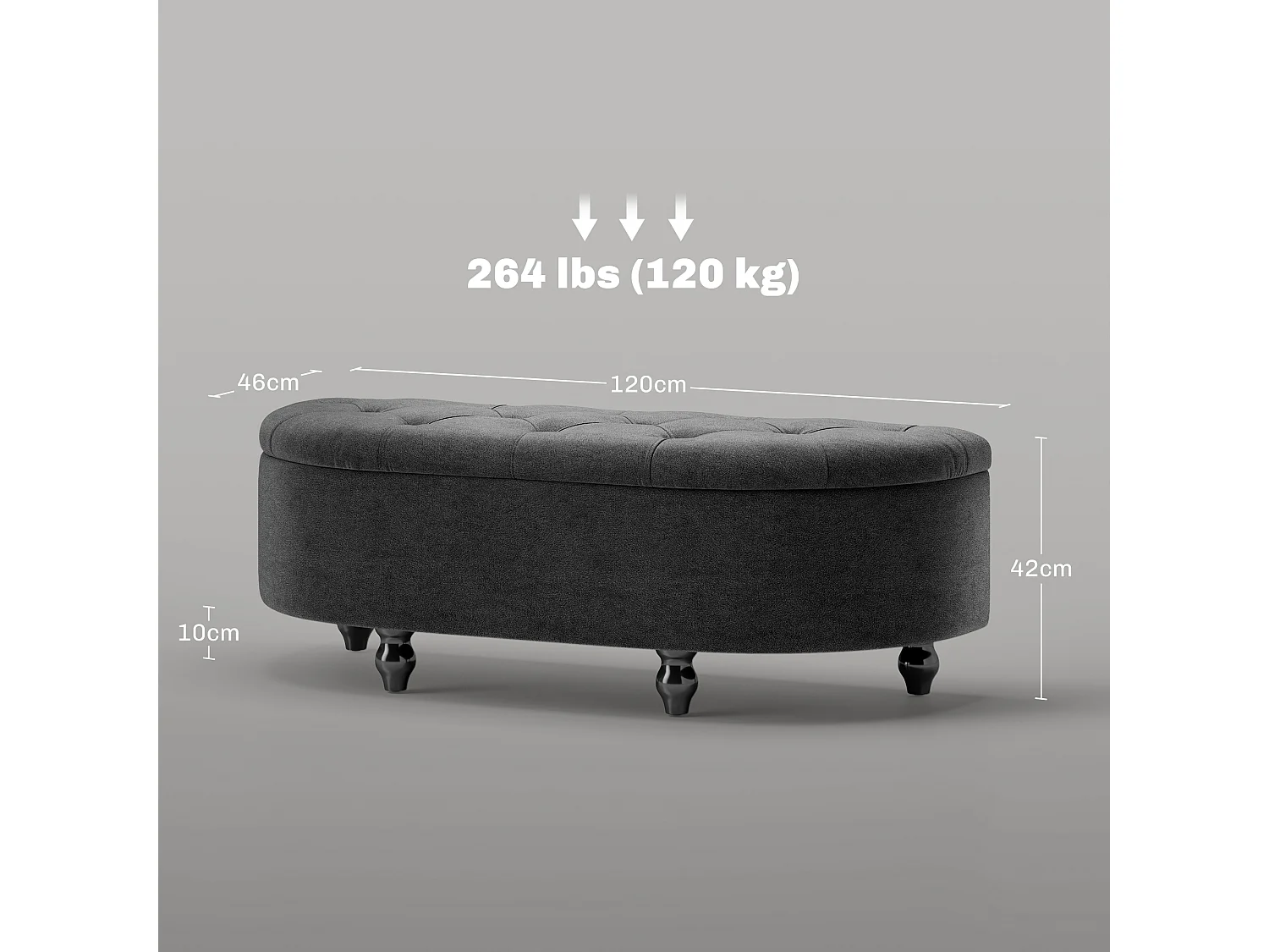 Banc avec rangement et couvercle ouvert,banc rembourré en velours,gris foncé,120x46x42cm