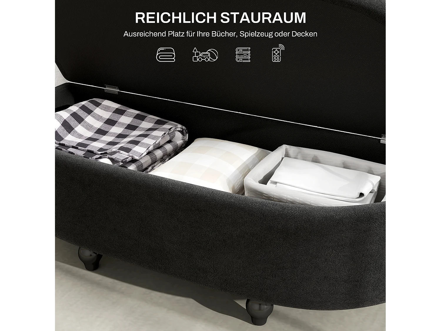 Banc avec rangement et couvercle ouvert,banc rembourré en velours,gris foncé,120x46x42cm