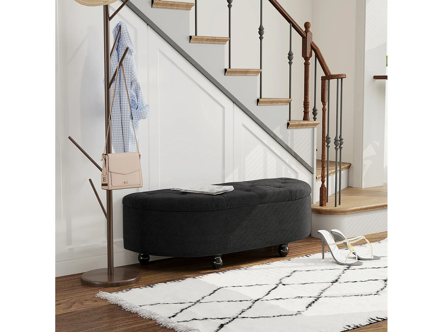 Banc avec rangement et couvercle ouvert,banc rembourré en velours,gris foncé,120x46x42cm