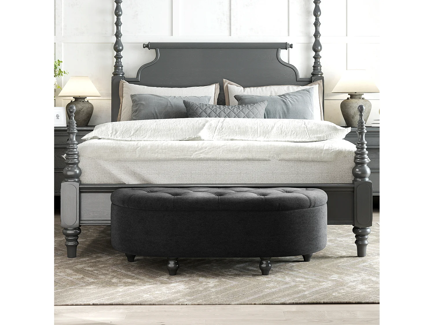 Banc avec rangement et couvercle ouvert,banc rembourré en velours,gris foncé,120x46x42cm