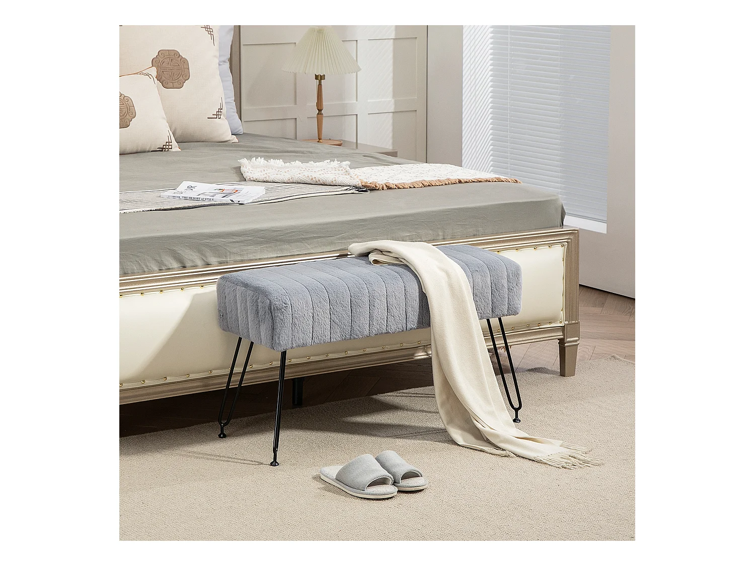 Banc rembourré aspect fausse fourrure 82 x 30 x 47 cm pieds métal gris banc à chaussures