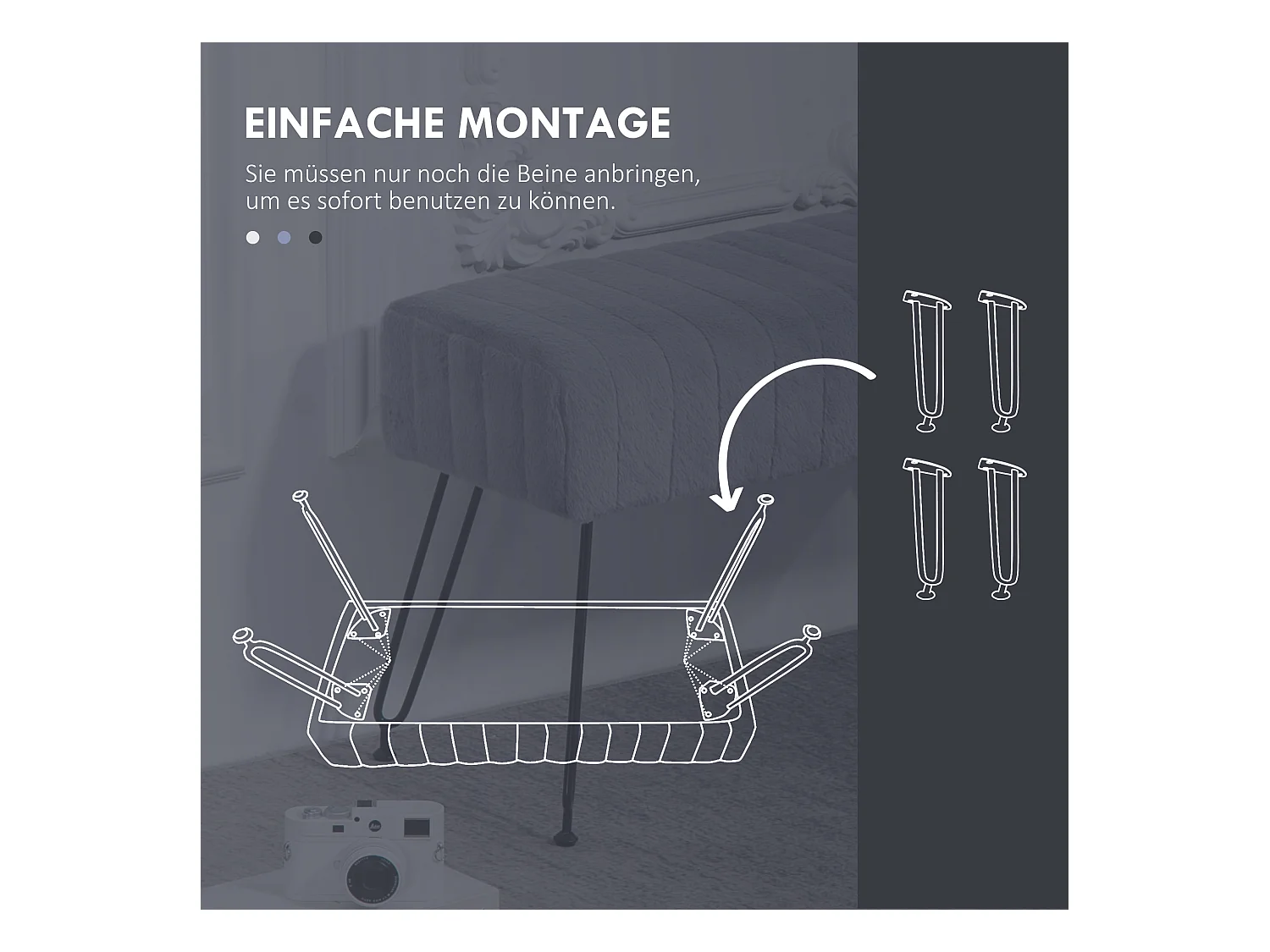 Banc rembourré aspect fausse fourrure 82 x 30 x 47 cm pieds métal gris banc à chaussures