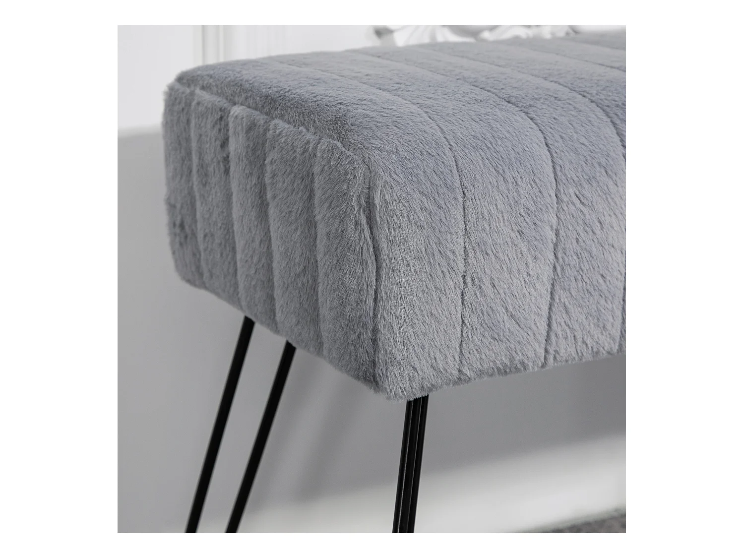 Banc rembourré aspect fausse fourrure 82 x 30 x 47 cm pieds métal gris banc à chaussures