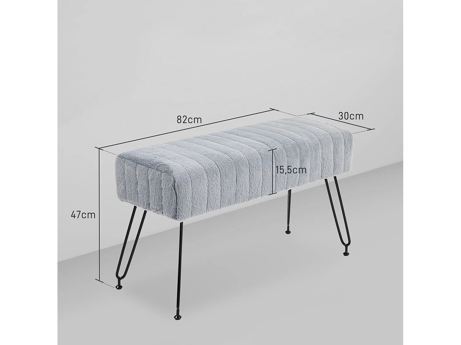 Banc rembourré aspect fausse fourrure 82 x 30 x 47 cm pieds métal gris banc à chaussures