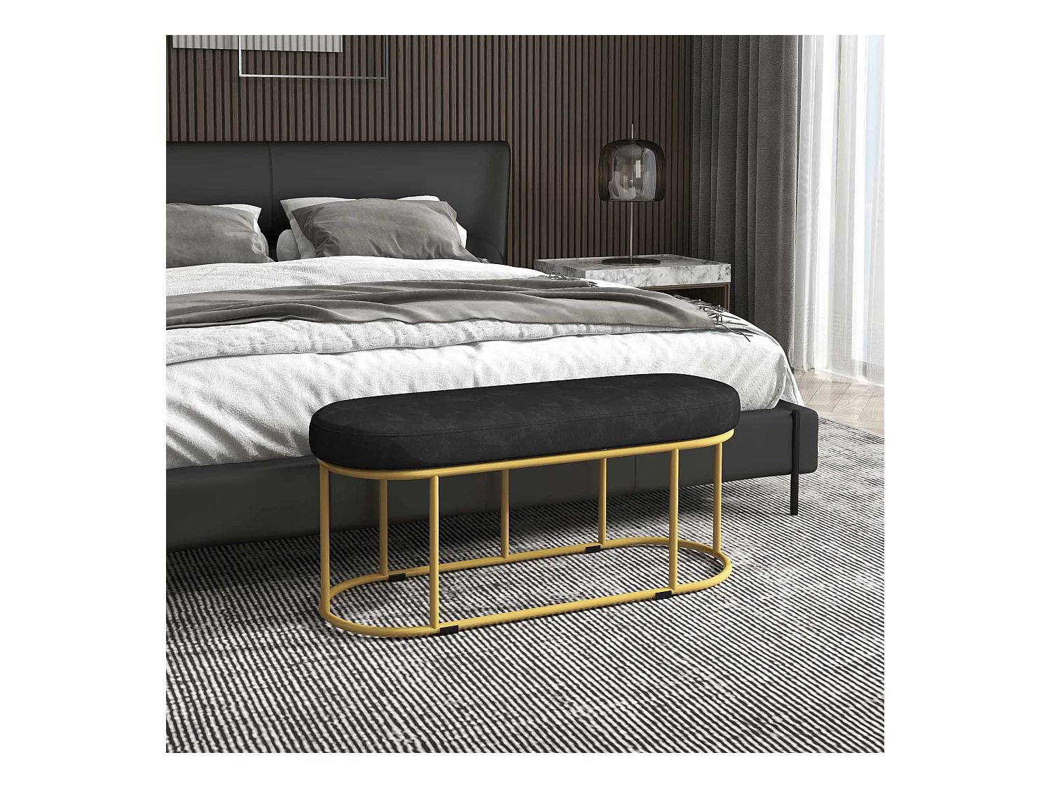 Banc rembourré aspect velours,banc d'assise,banc de lit,banc de dressing,acier,noir