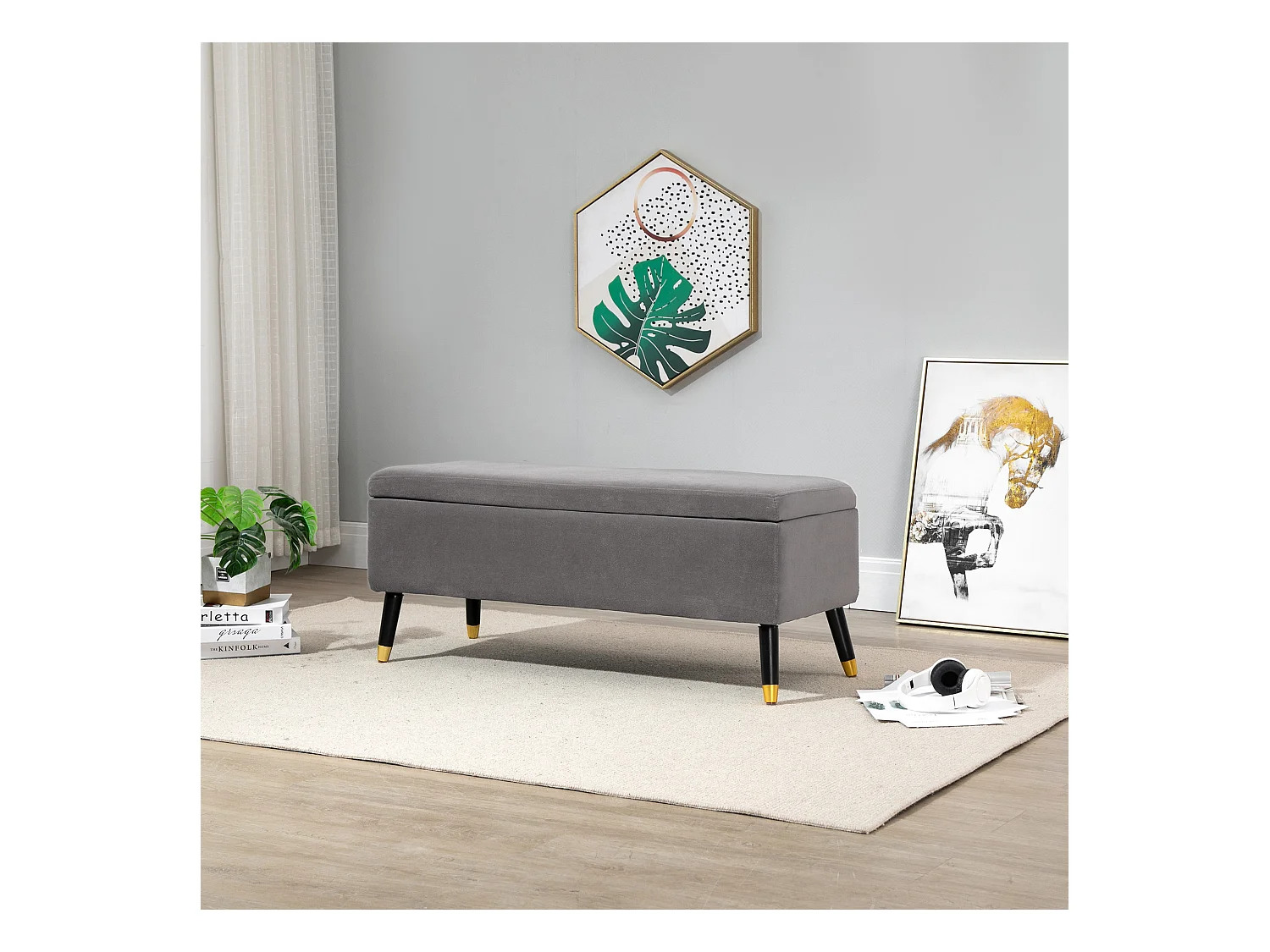 Banc rembourré avec espace de rangement,banc coffre en métal et bois d'hévéa,gris