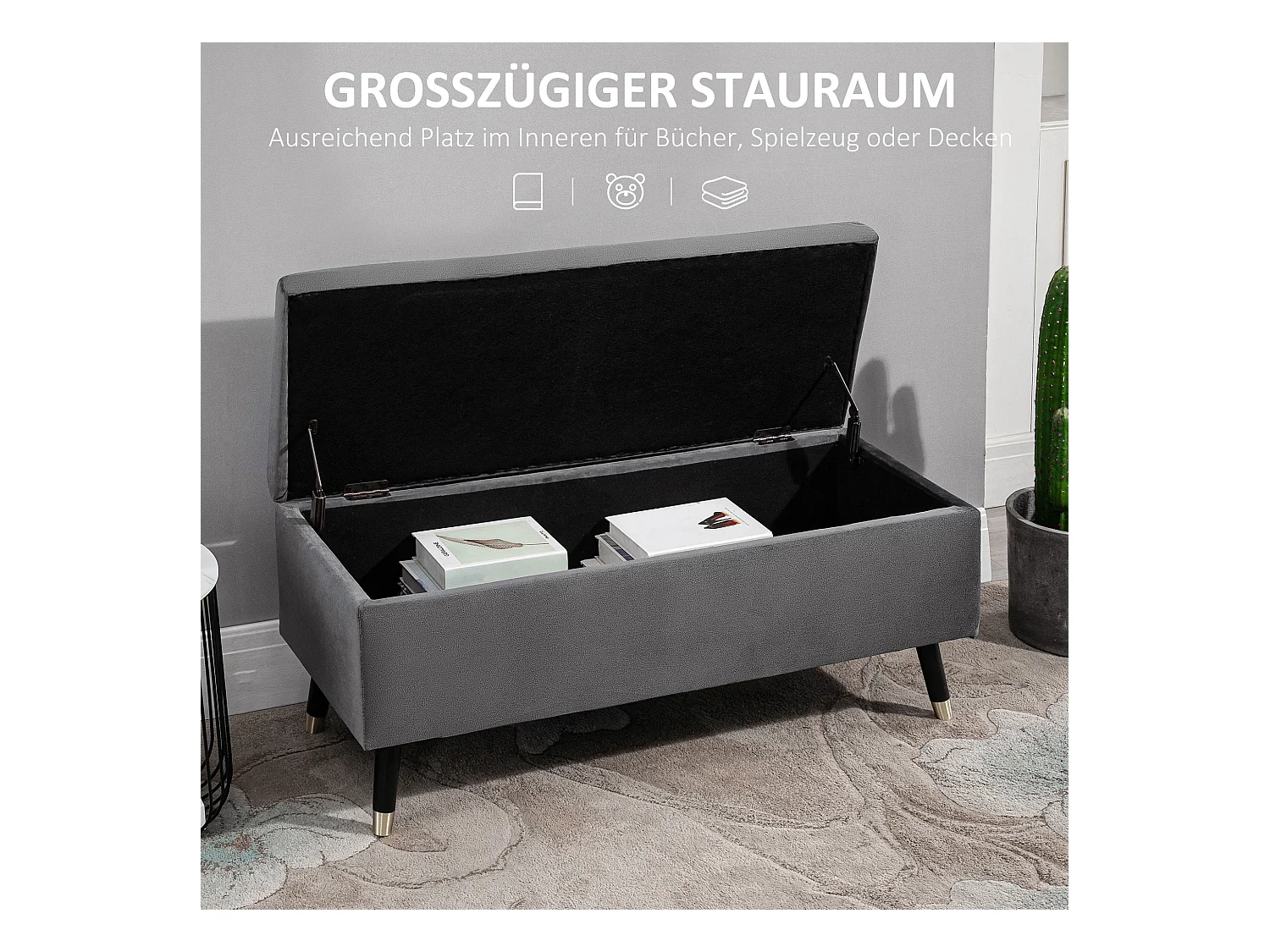 Banc rembourré avec espace de rangement,banc coffre en métal et bois d'hévéa,gris