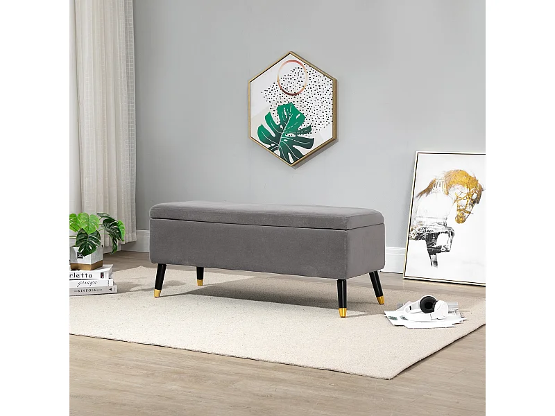 Banc rembourré avec espace de rangement,banc coffre en métal et bois d'hévéa,gris