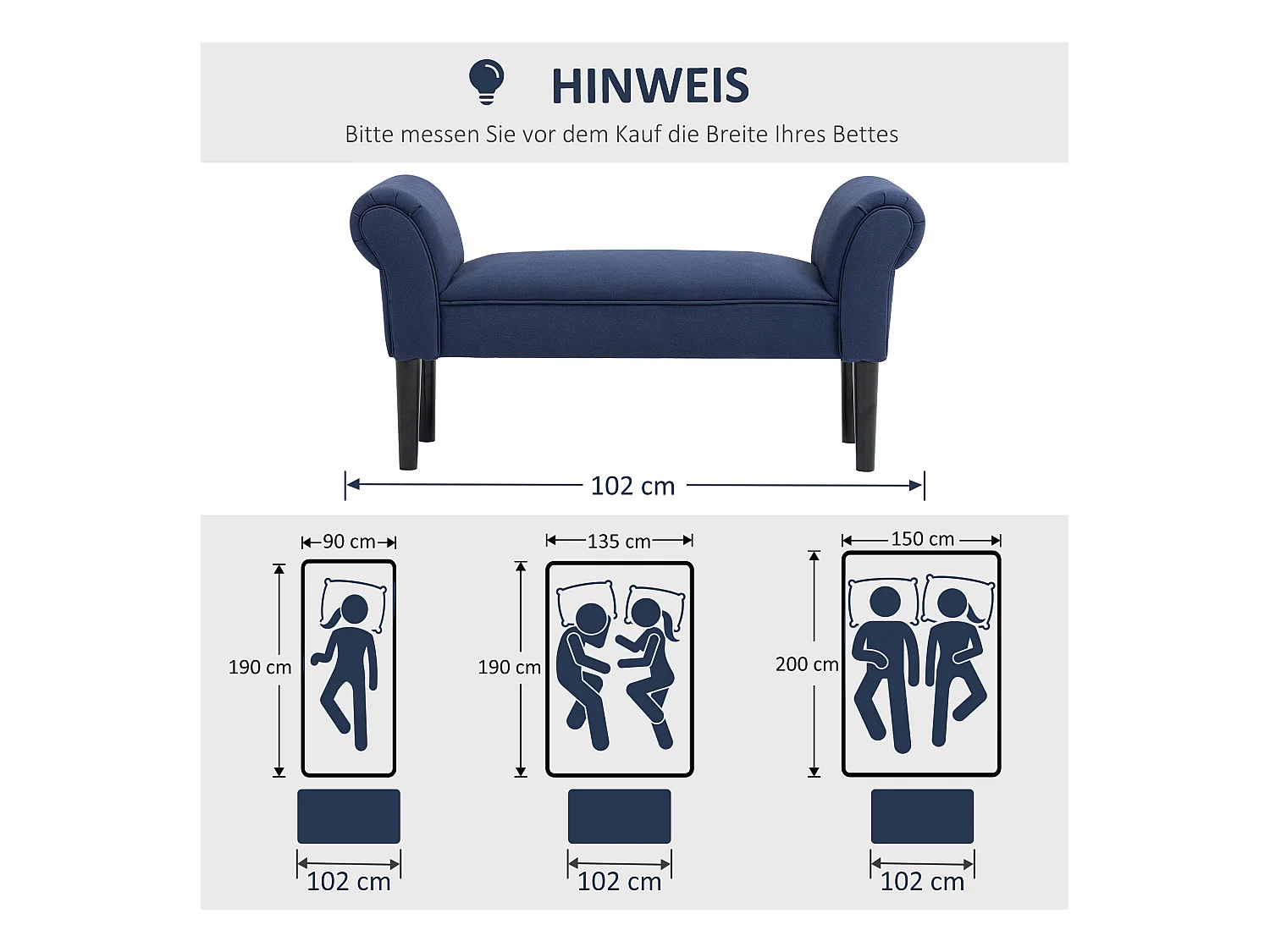 Banc de lit,banc rembourré,banc d'assise,banc de couloir toile,bleu,102 x 36 x 51 cm