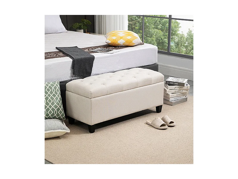 Sitzbank  Polsterbank mit Stauraum, Truhenbank, leinenartiges Polyester, Gummiholz