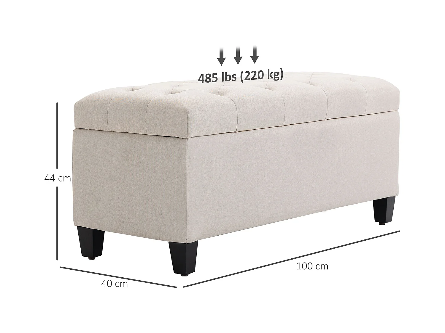 Banc rembourré avec espace de rangement,banc coffre,bois d'hévéa,blanc crème,100x40x44cm