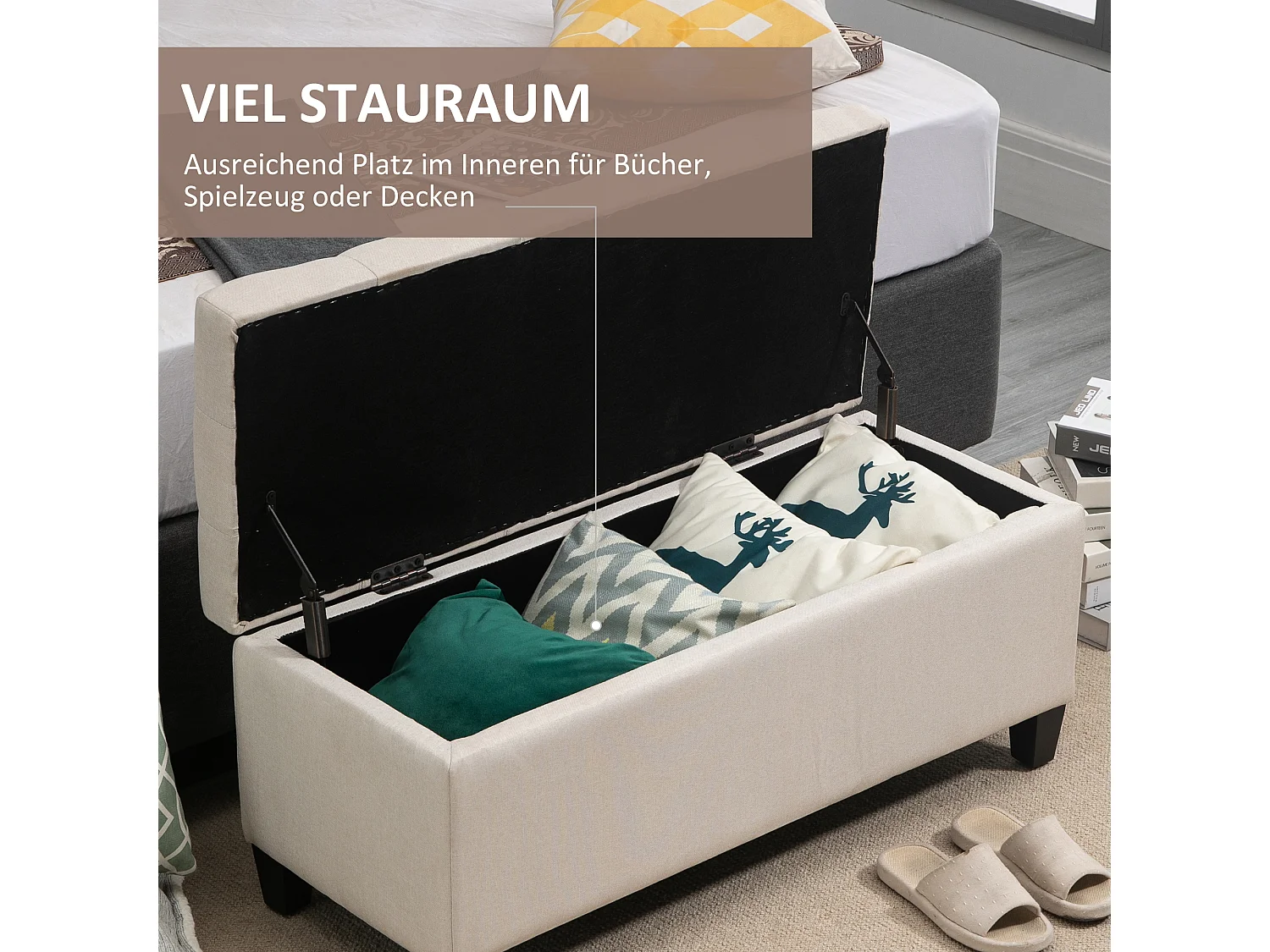 Gestoffeerde bank met opbergruimte,kistbank,linnenachtig polyester,rubberhout