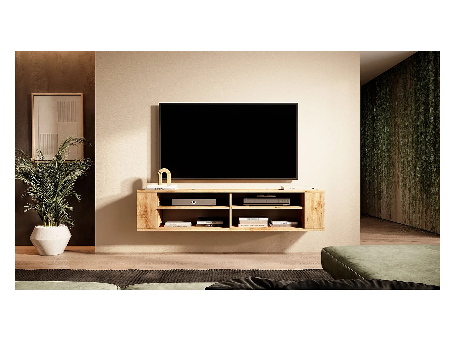 Mobile TV con 4 scomparti - Effetto rovere - 140 cm - WALL