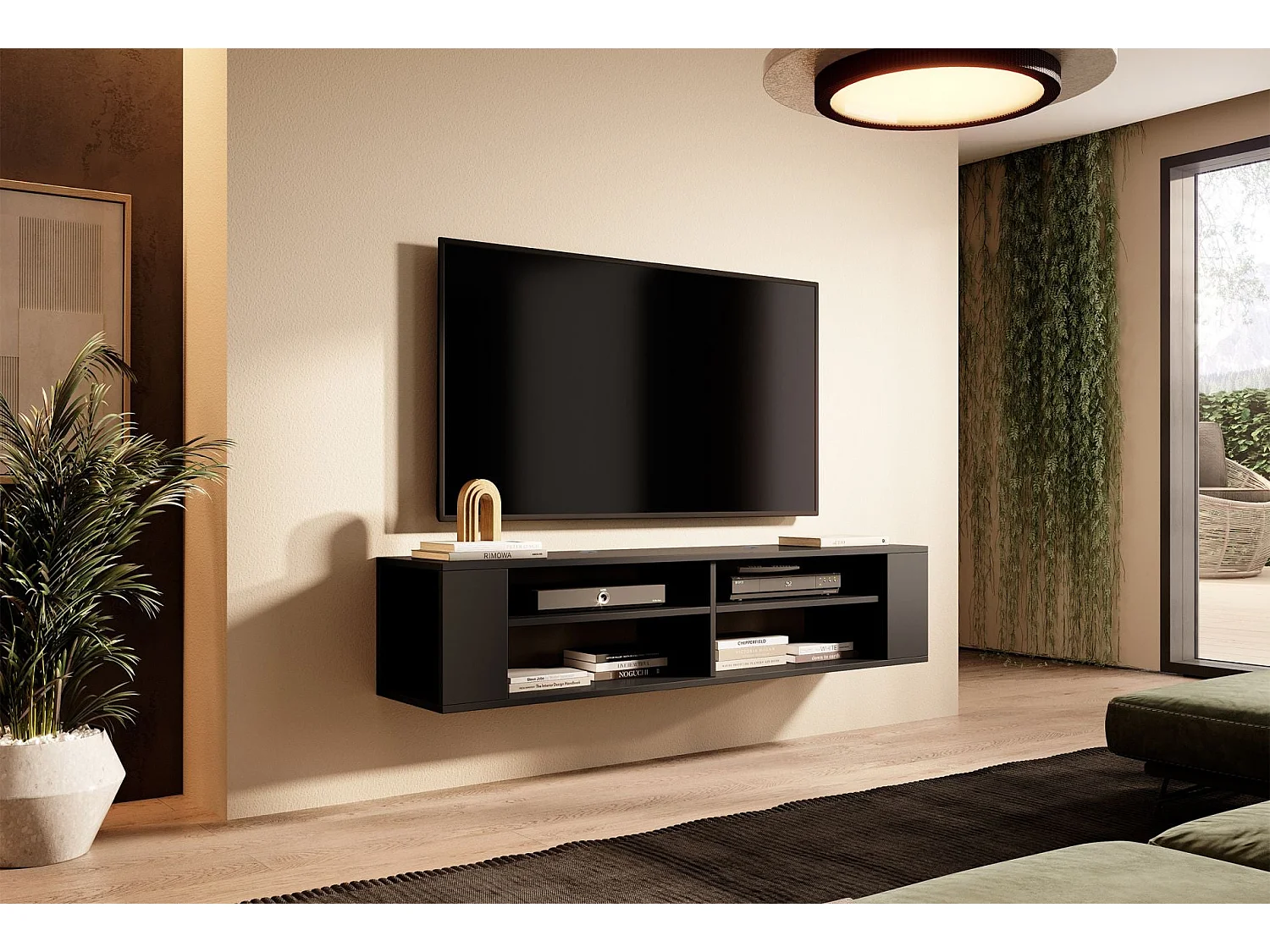 Mueble de TV con 4 compartimentos - Negro - 140 cm - WALL