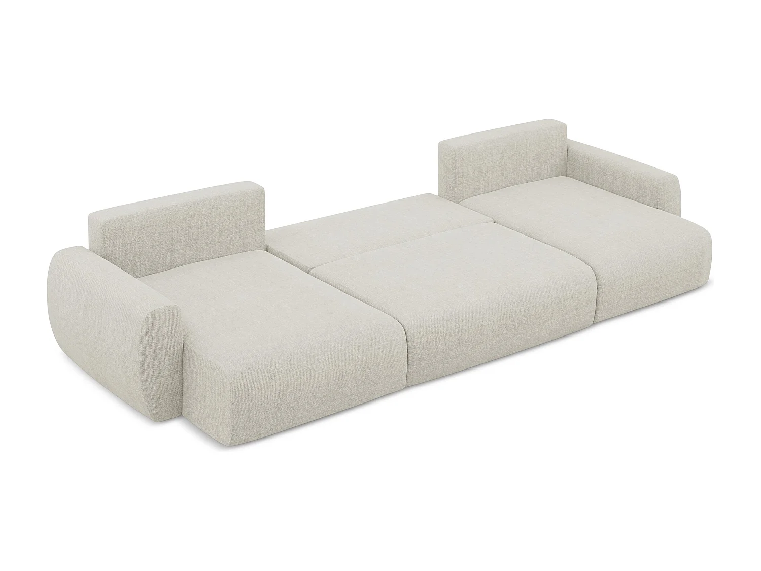 Panoramische bank met bedfunctie van lichtbeige textuurstof - ANELA