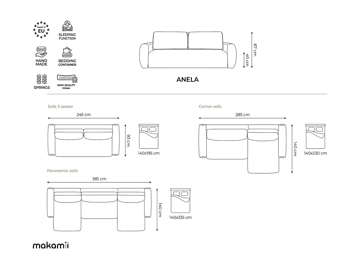3-Sitzer Sofa mit Schlaffunktion - - Samt - Königsblau - ANELA