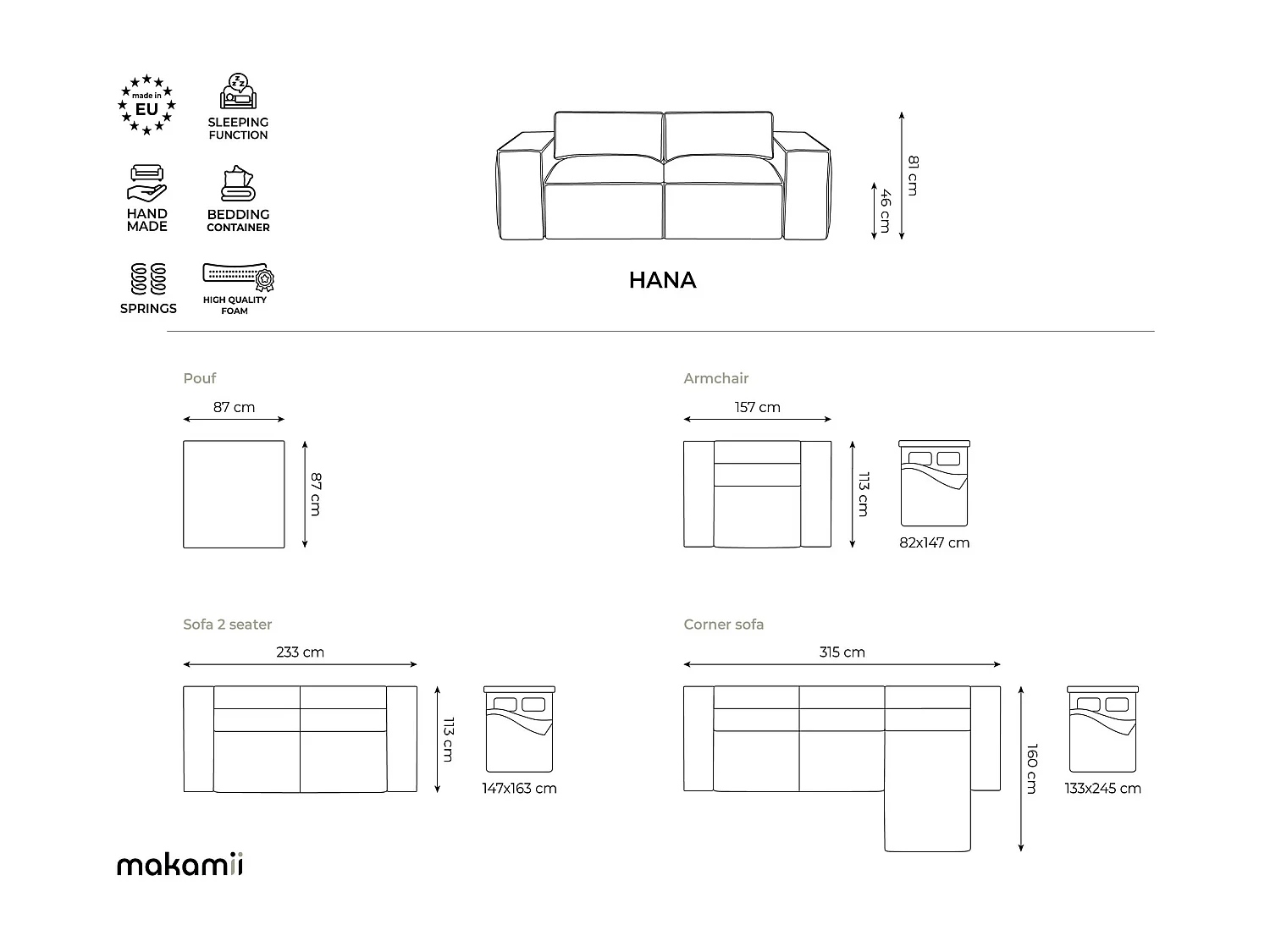Hoekslaapbank rechts van grafiet chenille stof - HANA