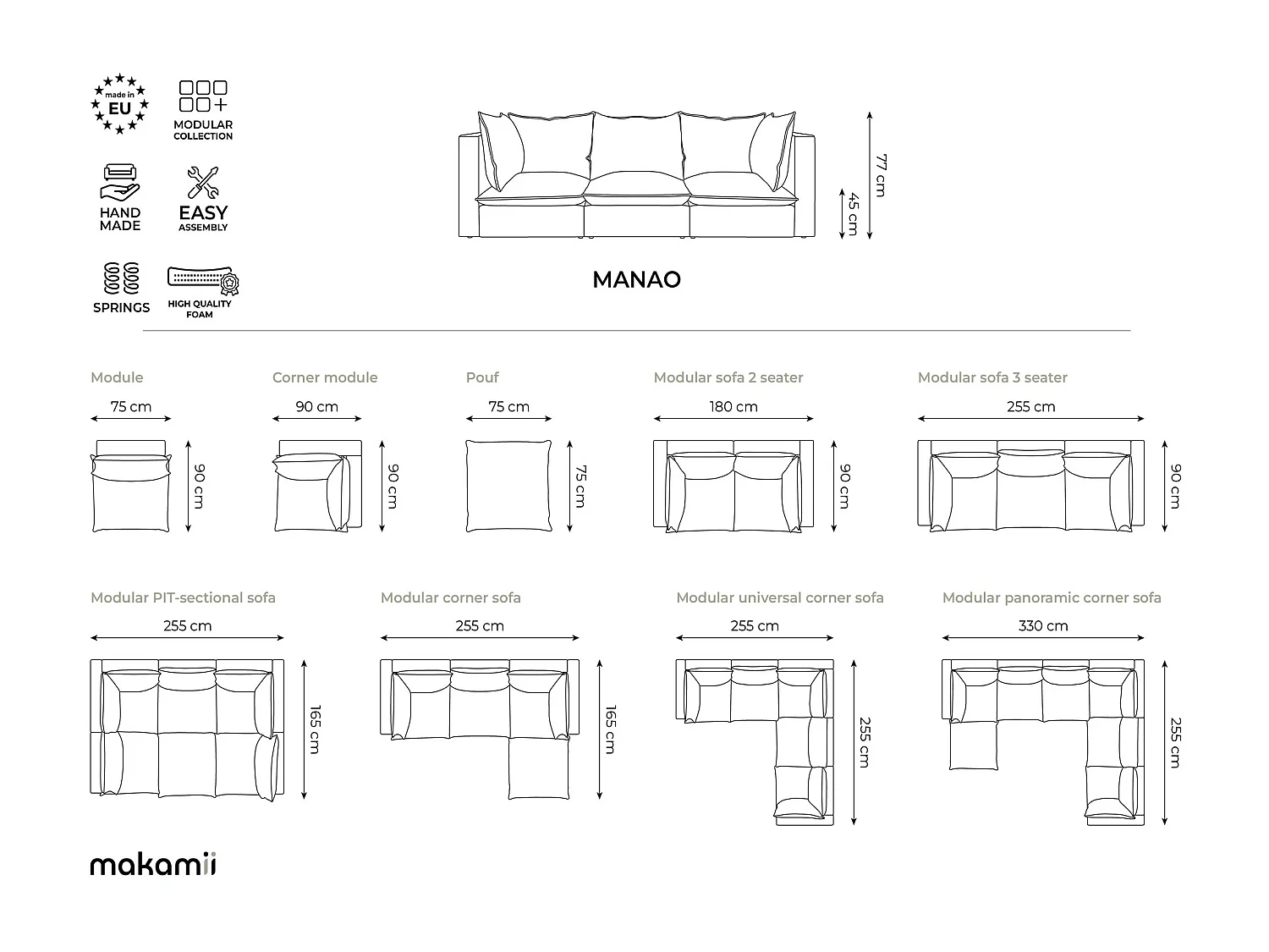 Canapé panoramique 5 places modulaire en velours - noir - MANAO