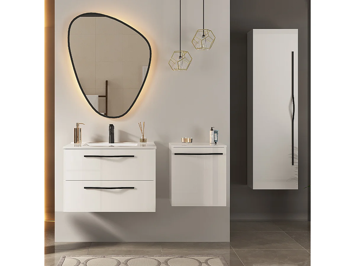 Ensemble meuble simple vasque encastrée 60 cm miroir LED armoire et colonne Douglas Blanc