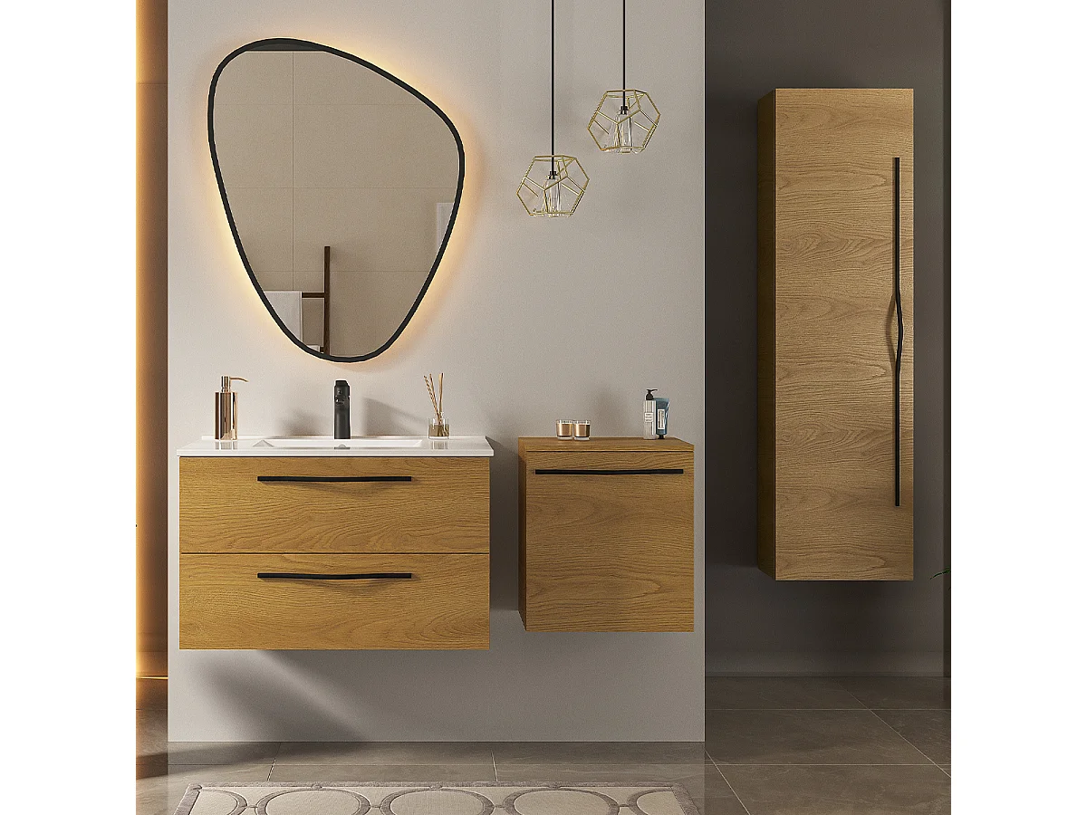 Ensemble meuble simple vasque encastrée 80 cm miroir LED armoire et colonne Douglas Bois
