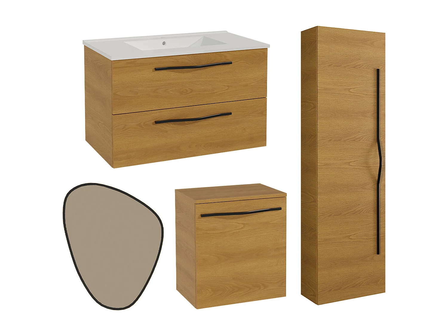 Ensemble meuble simple vasque encastrée 80 cm miroir LED armoire et colonne Douglas Bois