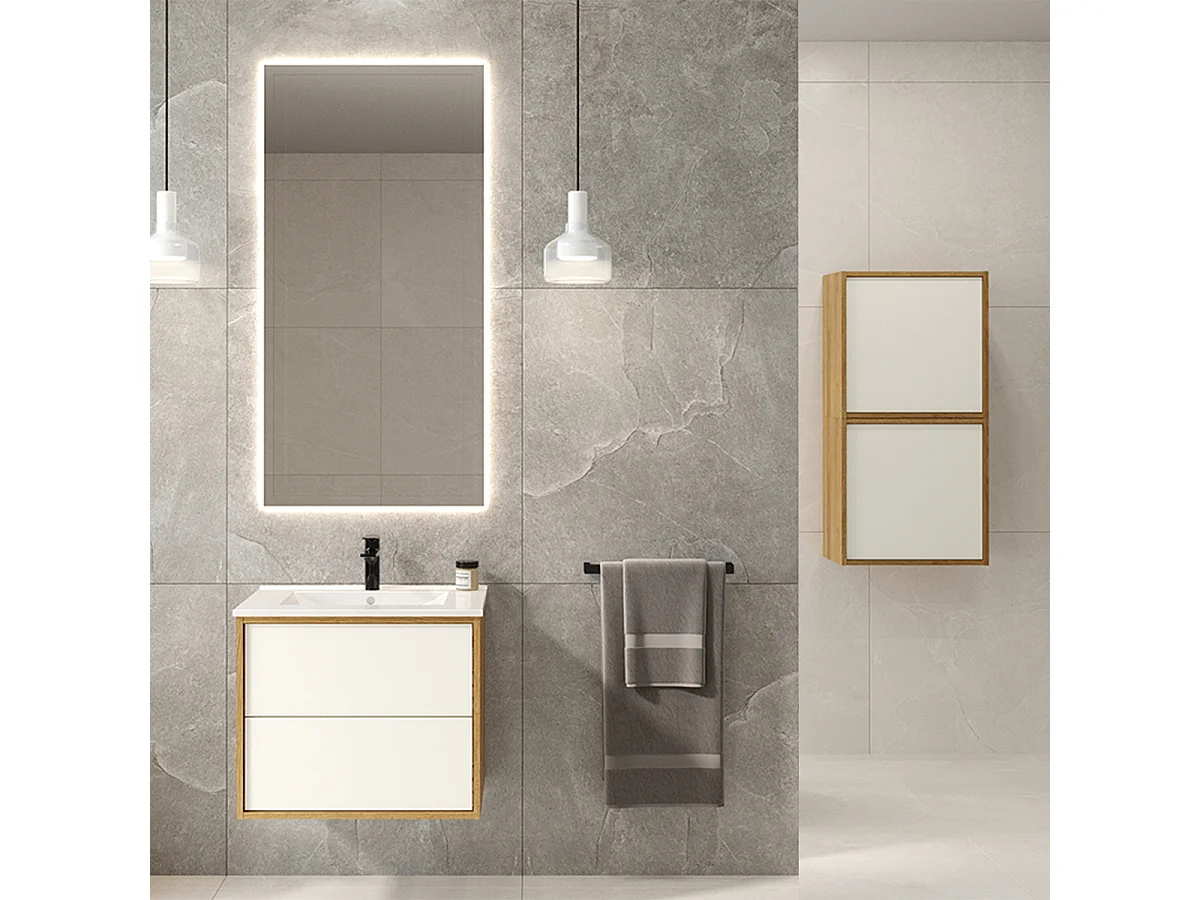 Ensemble meuble simple vasque encastrée 60 cm et armoires Denzel Blanc et Bois