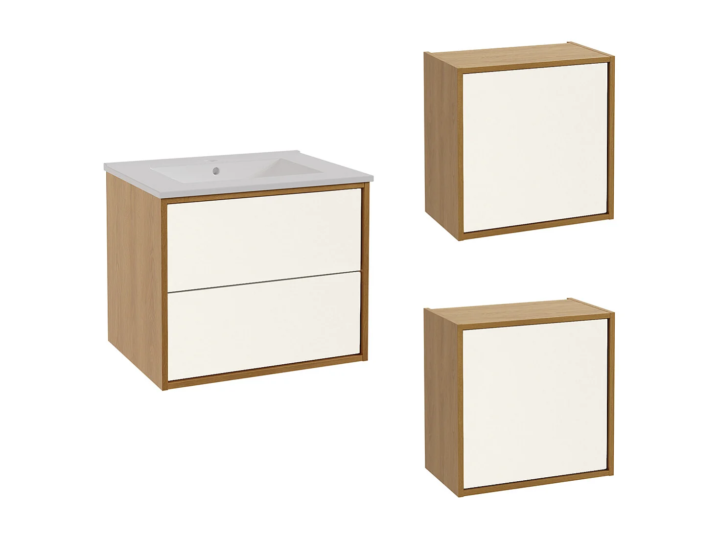 Ensemble meuble simple vasque encastrée 60 cm et armoires Denzel Blanc et Bois