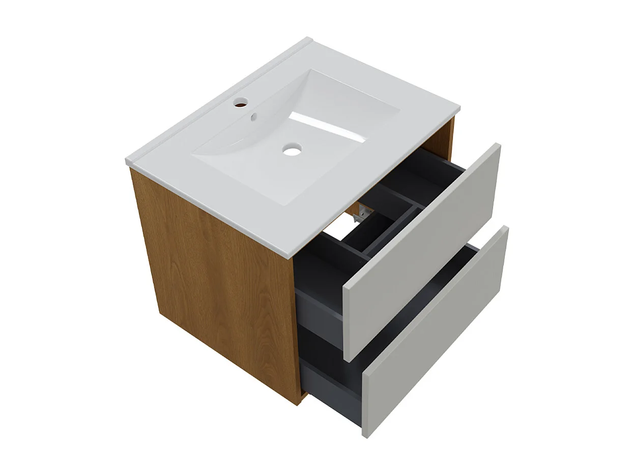 Ensemble meuble simple vasque encastrée 60 cm et armoires Denzel Blanc et Bois