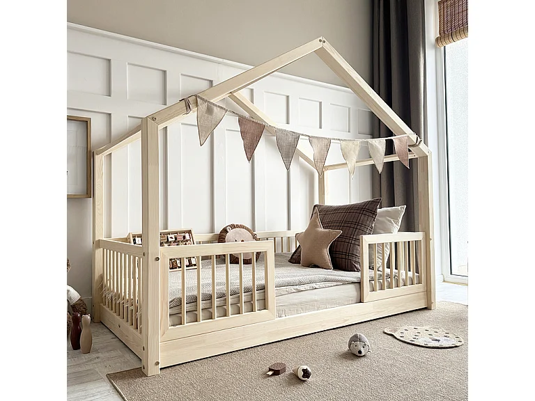 Lit cabane 90x190 barrières et sommier inclus pieds 1 cm Rosalie Bois