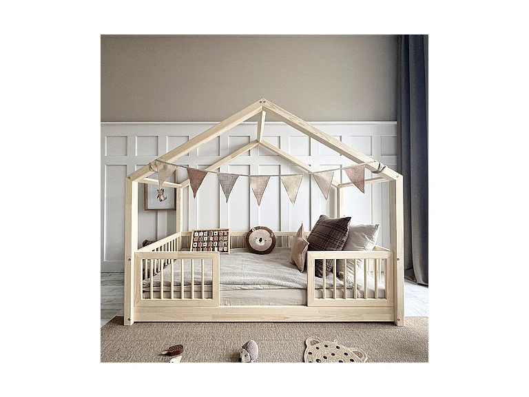 Lit cabane 90x190 barrières et sommier inclus pieds 1 cm Rosalie Bois