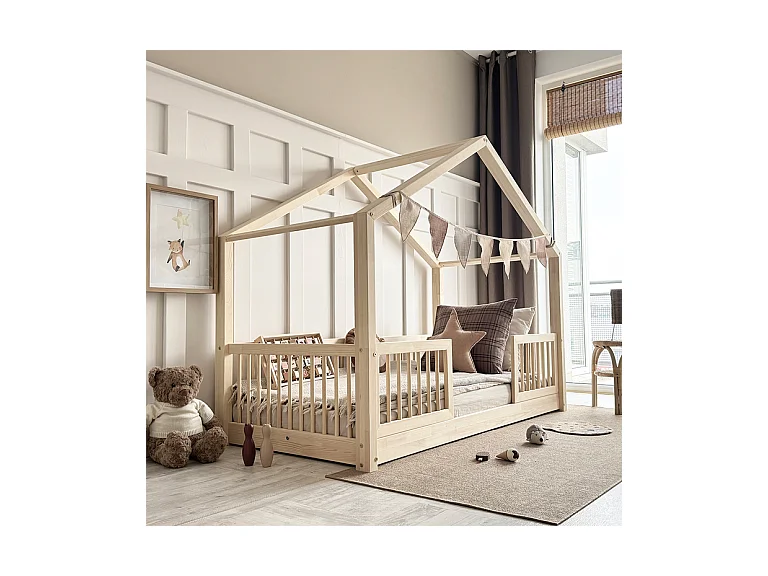 Lit cabane 90x190 barrières et sommier inclus pieds 1 cm Rosalie Bois