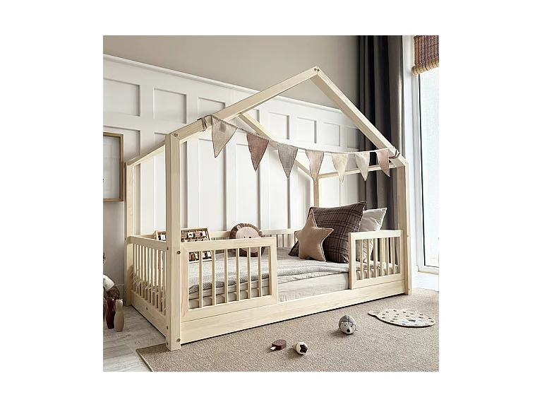 Lit cabane 90x190 barrières et sommier inclus pieds 1 cm Rosalie Bois