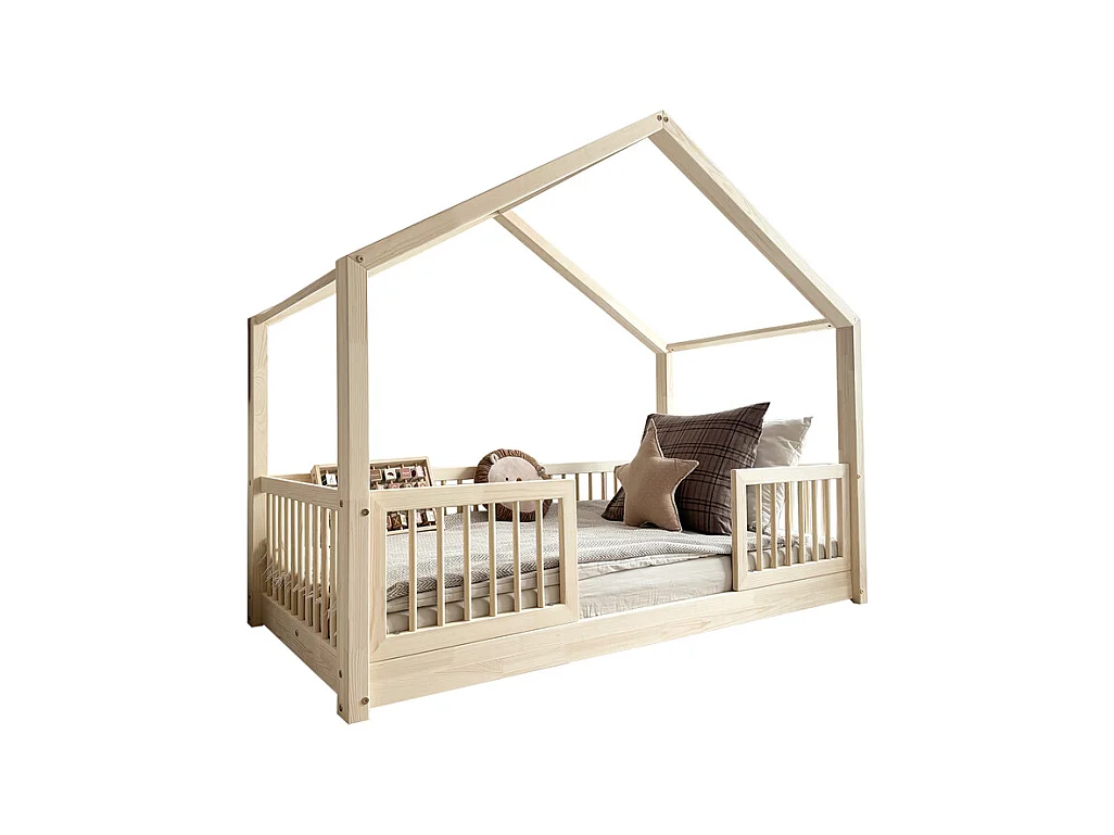 Lit cabane 90x190 barrières et sommier inclus pieds 1 cm Rosalie Bois