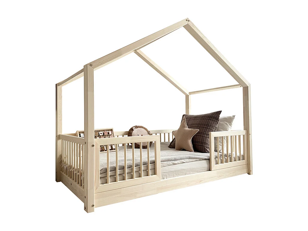 Lit cabane 90x190 barrières et sommier inclus pieds 1 cm Rosalie Bois