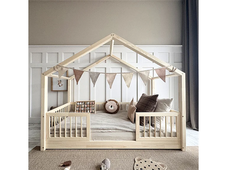 Lit cabane 90x190 barrières et sommier inclus pieds 1 cm Rosalie Bois