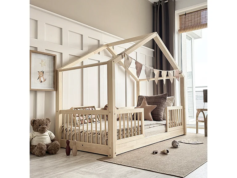 Lit cabane 90x190 barrières et sommier inclus pieds 1 cm Rosalie Bois