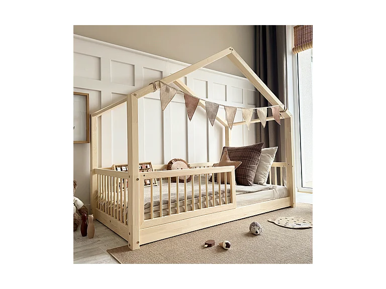 Lit cabane 90x190 barrière et sommier inclus pieds 1 cm Rosalie Bois