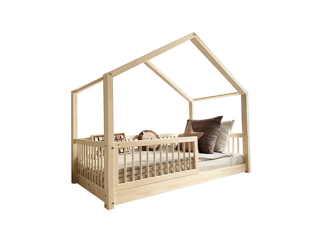 Lit cabane 90x190 barrière et sommier inclus pieds 1 cm Rosalie Bois