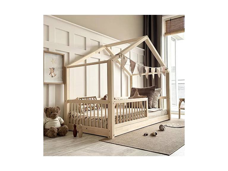 Lit cabane 90x190 barrière et sommier inclus pieds 1 cm Rosalie Bois